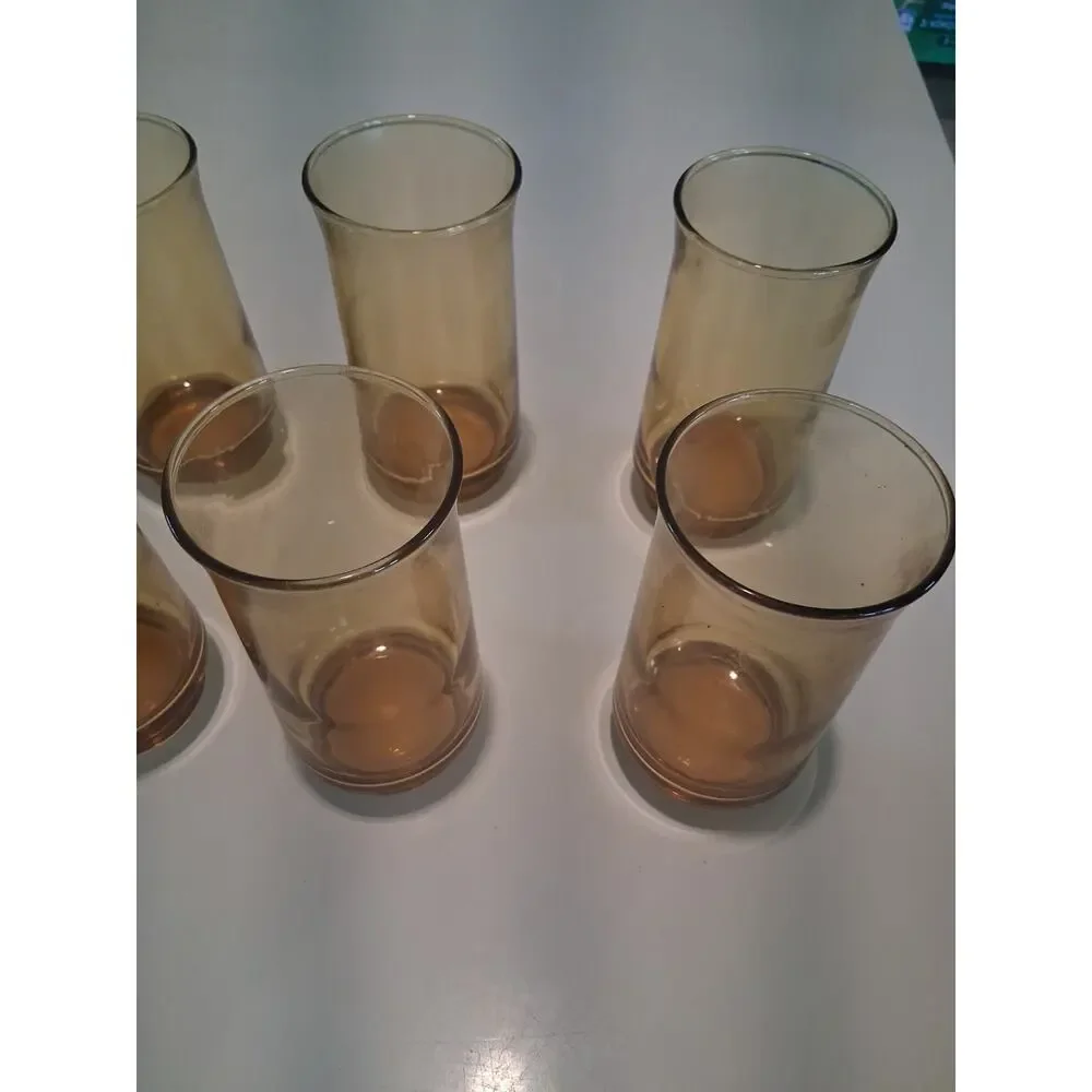 Set of 6 Vintage Anchor Hocking Esprit Honey Gold Amber Highball Glasses 12oz